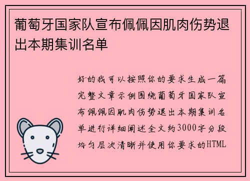 葡萄牙国家队宣布佩佩因肌肉伤势退出本期集训名单